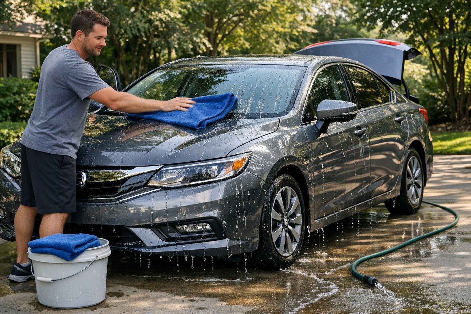 Person drying a freshly rinsed car with a microfiber towel in shade.