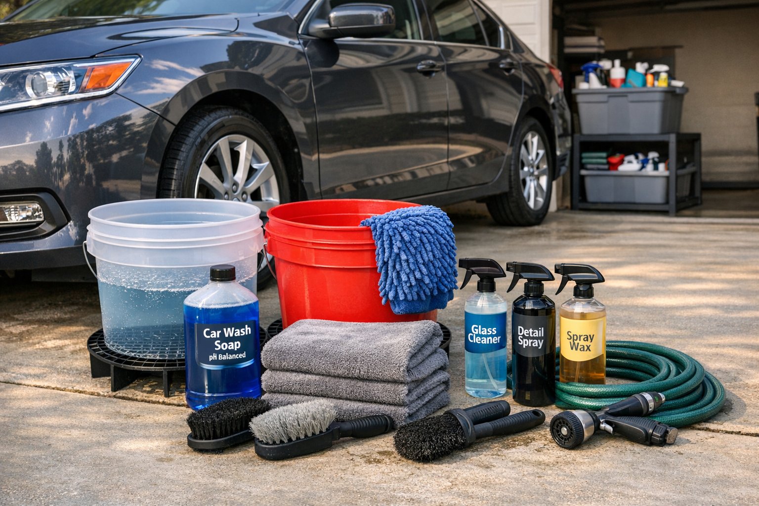 Organized car wash supplies beside a clean car on a driveway.