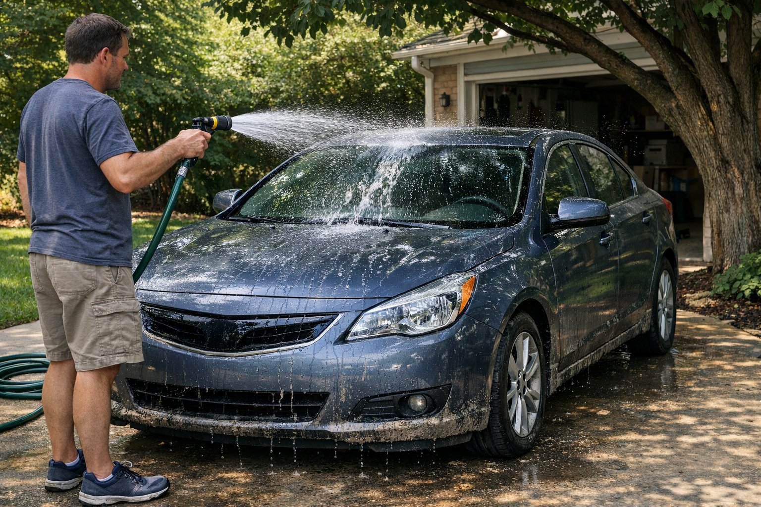 Person pre-rinsing a car in a shaded driveway before washing.