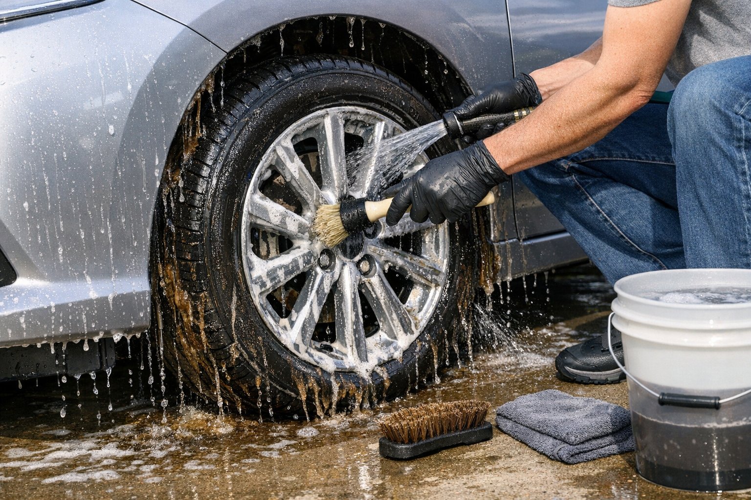 Person scrubbing a car wheel and tire with separate cleaning brushes.