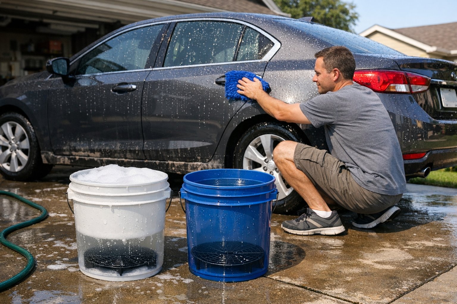 Person washing a car with two buckets in a driveway.