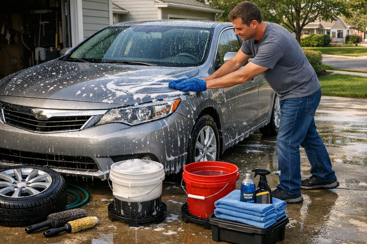 Person hand-washing a car with two buckets in a shaded driveway.